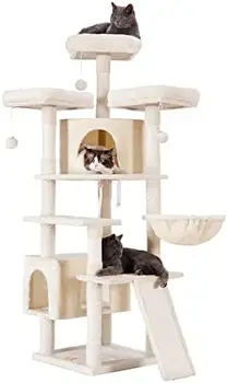 Большая Кошачья башня на Дереве для Комнатных Кошек, Многоуровневая Кошачья мебель для Кошек с 3 Мягкими Плюшевыми Насестами, Уютной Корзинкой и Когтеточкой