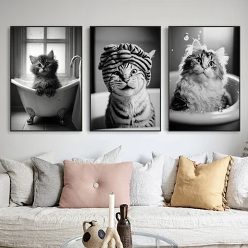 Художественный плакат для ванной комнаты с забавным котом, Эклектичные черно-белые настенные принты, Забавный портрет животного, Холст, Картина, Декор стен в туалете