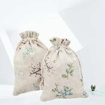 Хлопчатобумажная сумка в виде веточки и цветка с принтом, завязанный шнурком рот, небольшой тканевый мешочек, упаковка для трав, подарочный пакет для ювелирных изделий.