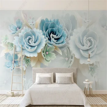 Современные рельефные обои для гостиной Цветы Голубое растение Обои для спальни Свежий фон для телевизора Обои для домашнего декора Фреска