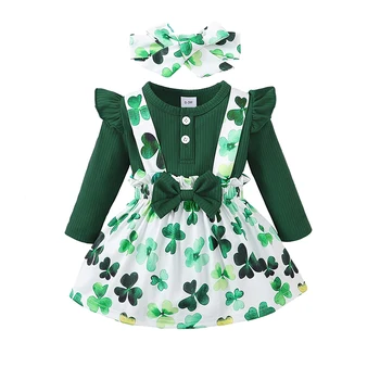 Комплект одежды из 3 предметов для маленькой девочки, Зеленый комбинезон, юбка на подтяжках с принтом Трилистника и повязкой на голову, Одежда