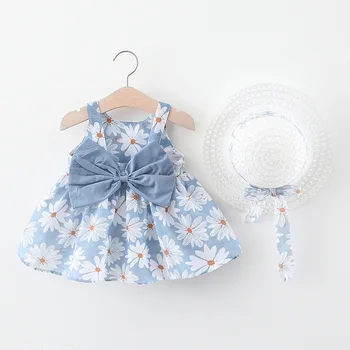 Летняя одежда для маленьких девочек, Новое платье-жилетка для маленьких девочек, пляжное платье принцессы, платья с большим бантом и цветами + Шляпа, Комплект одежды для новорожденных