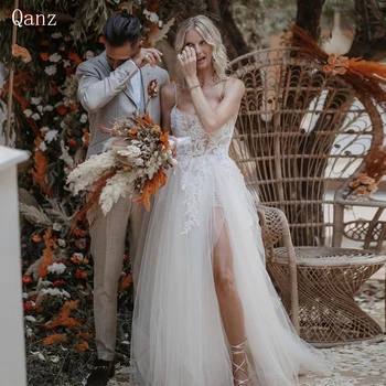 Qanz Сексуальное пляжное свадебное платье Vestido De Noiva С разрезом по бокам, аппликации из тюля, богемное свадебное платье на тонких бретельках, свадебные платья