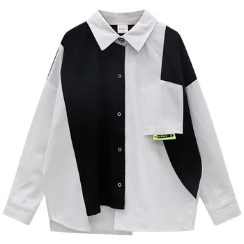 Черно-белая крутая рубашка в стиле пэчворк, одежда для мальчиков, свободный показ мод, уличная одежда, осень-весна, детские топы, рубашки для подростков