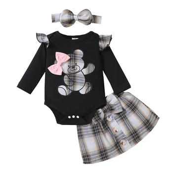 Комплект одежды из 3 предметов для маленьких девочек, комбинезон с медвежонком с длинными рукавами и юбкой в клетку, повязка на голову с бантом, осенний наряд