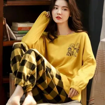 Женская пижама Весна Осень Теплые Пижамные комплекты Одежда Kawaii Пуловер с длинным рукавом Длинные Брюки Комплекты одежды для отдыха Корейский
