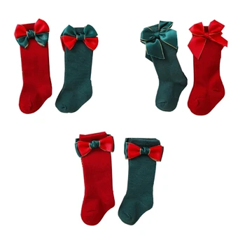 2 пары рождественских носков для маленьких девочек с украшением в виде бабочки, детские носки длиной до колена, эластичные дышащие носки-трубочки