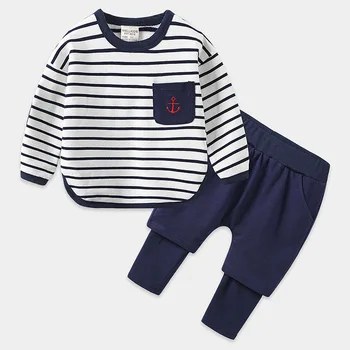 2023 Корейский Весенний комплект одежды из двух предметов для мальчика, толстовка в полоску с длинным рукавом, Джинсы, брюки, костюм для мальчика для малышей