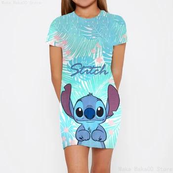Новая одежда для девочек Disney Stitch, летнее детское приталенное платье с принтом, юбка с короткими рукавами для девочек из аниме kawaii