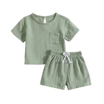 Летняя одежда для маленьких мальчиков и девочек, футболка с короткими рукавами и карманами, шорты с завязками спереди, Комплект одежды для малышей