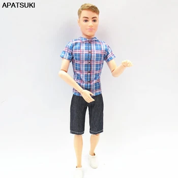 Модная одежда для куклы-мальчика 1/6 для куклы Кен, голубая клетчатая футболка и шорты для парня Барби, детская игрушка для куклы-мальчика Кена
