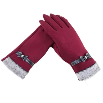 Модные женские перчатки Осень-зима, теплые перчатки с милым бантом, варежки на весь палец, женские кашемировые перчатки для вождения, черные перчатки для девушки