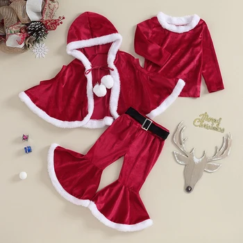 Осенние наряды для девочек, бархатные топы с длинными рукавами, расклешенные брюки, плащ с капюшоном на завязках, комплект рождественской одежды из 3 предметов