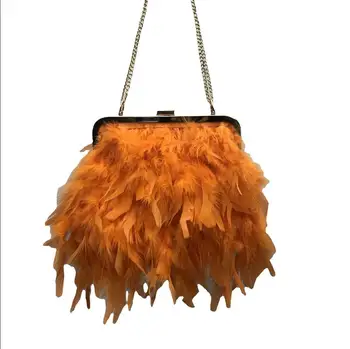 Модная сумка-тоут из 100% настоящих страусиных перьев, пушистая сумка через плечо, клатч для свадебной вечеринки, шикарные металлические женские сумки-цепочки для девочек
