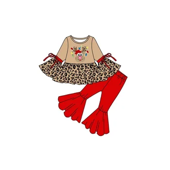 Бутик рождественских нарядов для маленьких девочек, леопардовые футболки с принтом лося, красные расклешенные штаны, комплект для девочек