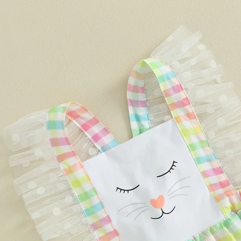 Пасхальный комплект из 2 предметов для девочек, сетчатое платье в стиле пэчворк с квадратным вырезом и принтом кролика, клетчатые носки, одежда для маленьких девочек для малышей