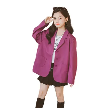 Демисезонная детская куртка для девочек Модный Корейский Фиолетовый костюм с длинным рукавом Куртки для девочек-подростков Блейзер на пуговицах Кардиган Костюм