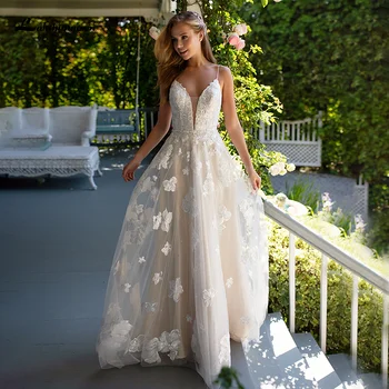 Пляжное свадебное платье трапециевидной формы с цветочным кружевом на тонких бретельках, свадебное платье принцессы с кружевными аппликациями из бисера