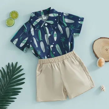 Комплекты одежды для маленьких мальчиков, шорты, лето 2023, рубашка с коротким рукавом и принтом кокосовой пальмы, шорты с эластичной резинкой на талии