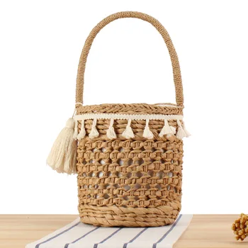 Сумки в пасторальном стиле, плетеные из соломы, цилиндрической формы, выдалбливают сумки-ведра с кисточками, Летние пляжные кошельки для призвания