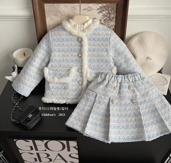 Розничная продажа 2023 года, новые зимние модные комплекты из голубого флиса для маленьких девочек, пальто + юбки, элегантные костюмы принцессы от 2 до 7 лет