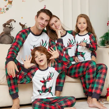 2024, подходящая к рождеству Семейная пижама, Новогодний пижамный комплект с рисунком лося в клетку, Детский комбинезон, Рождественские Пижамы