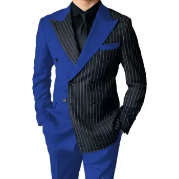Мужской костюм в королевскую синюю и черную полоску, Двубортный Элегантный комплект, роскошная дизайнерская одежда для бойфренда, тонкий мужской блейзер