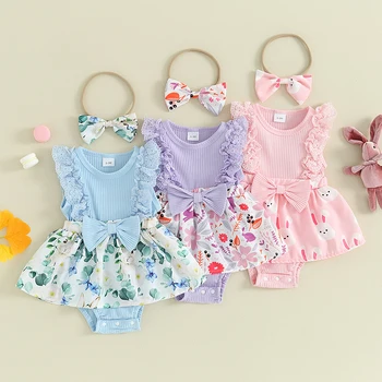 SUNSIOM 2шт девочка милые наряды цветочный Кролик печати кружева рябить комбинезон платье и бант оголовье мода, летняя одежда