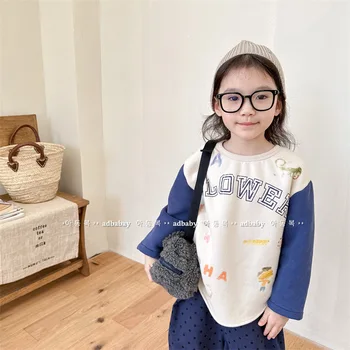Детская одежда, Детская футболка, осень и зима 2023, Новая модная флисовая толстовка с капюшоном в корейском стиле для девочек, толстовка с буквенным принтом