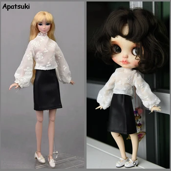 Комплект модной одежды для кукол Барби, аксессуары, наряды для кукол, топы с пышными рукавами, черная кожаная юбка для куклы Blythe, игрушка 
