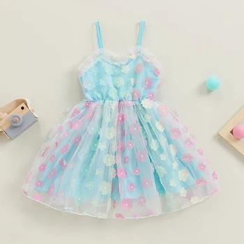 2023 Listenwind Повседневное Голубое Тюлевое платье для девочек от 3 до 7 лет без рукавов, платье принцессы с 3D цветами, летние наряды