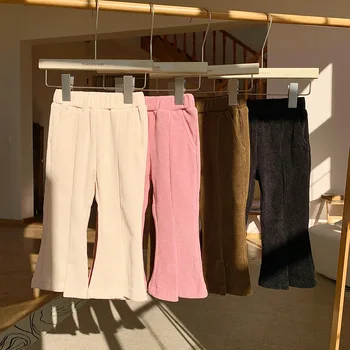 Расклешенные брюки для девочек 2023, Осенне-зимние Детские Повседневные Кружевные Универсальные Детские брюки, Детские Вельветовые брюки с косточками