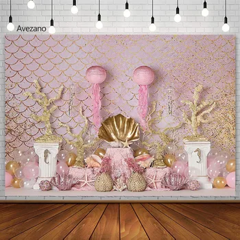 Фон для фотосъемки Avezano Pink Mermaid Под морской раковиной, девушка, торт на 1-й день рождения, Разбитый декор, фоны для фотостудии