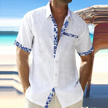 Новая летняя мужская рубашка-кардиган с коротким рукавом 2023, модный повседневный пляжный топ контрастного цвета, Мужской офисный топ на пуговицах с лацканами