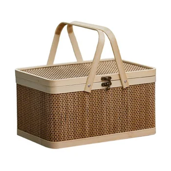 Бамбуковая корзина Натуральная Плетеная корзина Бамбуковая корзина для пикника с крышкой Портативная Корзина для хранения закусок и хлеба