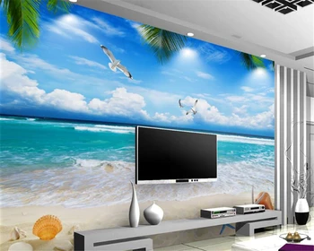 обои гостиная спальня фрески голубое небо белые облака пляж вид на море 3D ТВ фон настенная роспись papel de parede