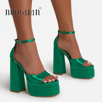 2022 Новая летняя модная женская обувь на высоком массивном каблуке и платформе, Черно-зеленое платье, Вечерние свадебные туфли, Женские сандалии-Гладиаторы