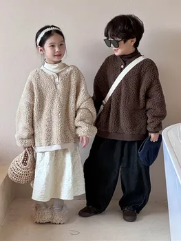 Зимние детские толстовки из флиса альпаки, модная винтажная куртка для мальчиков в корейском стиле, теплое пальто для девочек, толстовка