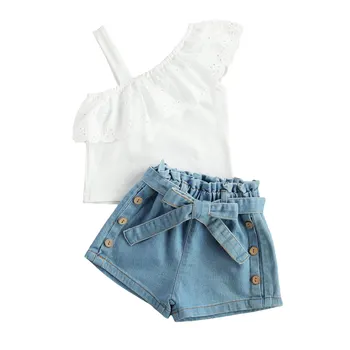 2021-03-04Lioraitiin Комплект из 2 предметов Для маленьких девочек от 1 до 6 лет, Летние Модные Белые Топы с оборками на одном плече + Джинсовые шорты с поясом