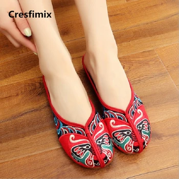 Cresfimix sapatos femininas / женские повседневные летние туфли без застежки на плоской подошве с китайской традиционной вышивкой, удобная обувь a199