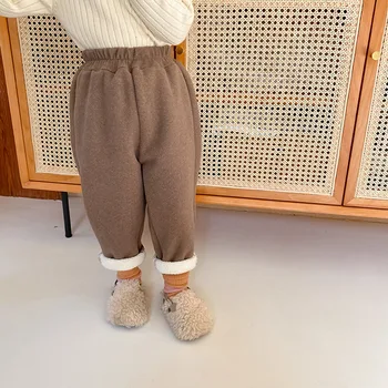 Зимние детские теплые толстые шерстяные повседневные брюки для мальчиков и девочек с флисовой подкладкой, однотонные брюки в корейском стиле