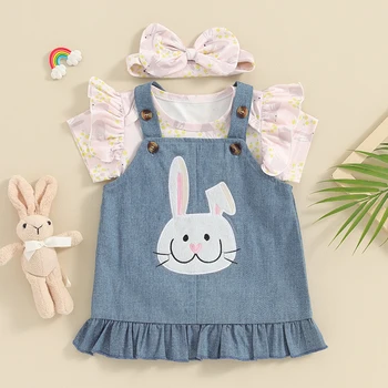 Пасхальный наряд для девочки Платье для новорожденного Кролика с коротким рукавом Комбинезон с кроликом Джинсовый Комбинезон Повязка на голову Пасхальная одежда для девочки