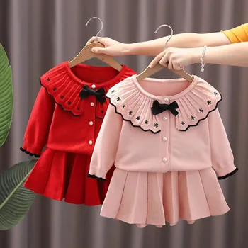 Вязаный свитер для девочек, костюм-кардиган из двух частей, выпуск 2023, юбки для девочек, комбинация