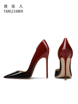 Лакированная кожа, черные и красные градиентные туфли на высоком каблуке, женские туфли на тонком каблуке, новый нишевый дизайн, модный и сексуальный темперамент