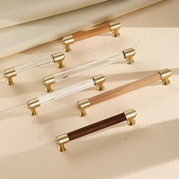 Высококачественная деревянная ручка, легкая роскошная латунная ручка для выдвижного ящика из хрусталя, бук, орех, ручка с двойным отверстием