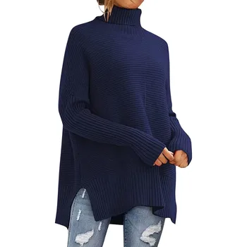Осенне-зимние женские свитера, водолазка, женские пуловеры, трикотажные джемперы с разрезом по бокам, однотонный свитер Оверсайз для женщин